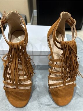 Mixx Shuz Women's Fringe Strappy Sandals in Cognac